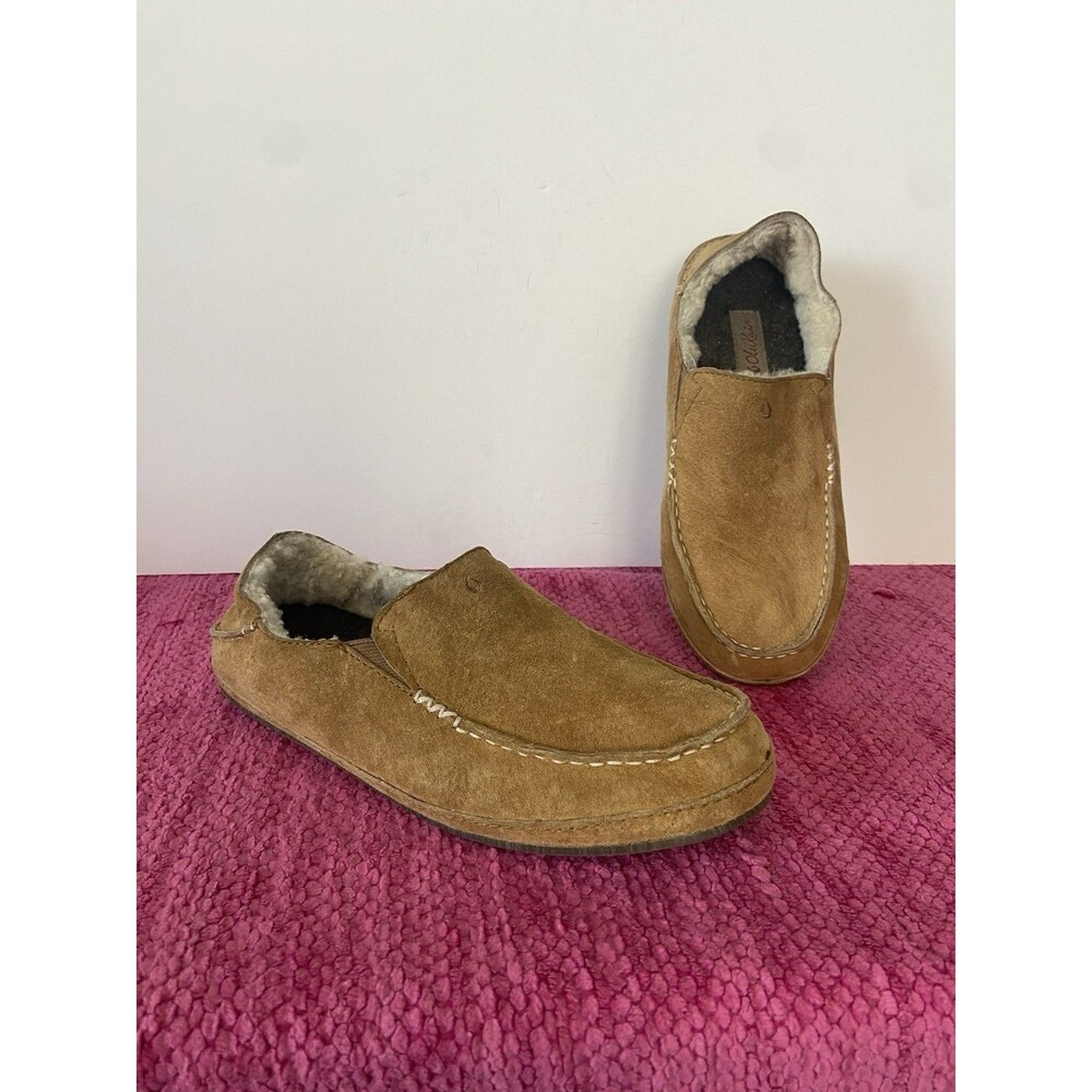 Olukai Nohea Slipper Leather Slip On Tobacco Tan Sherpa Lining Size 6
